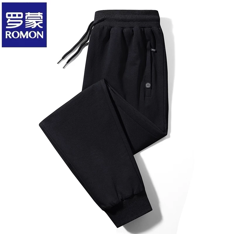 罗蒙纯棉卫裤男士休闲裤宽松直筒大码春季秋冬加绒保暖运动长裤子
